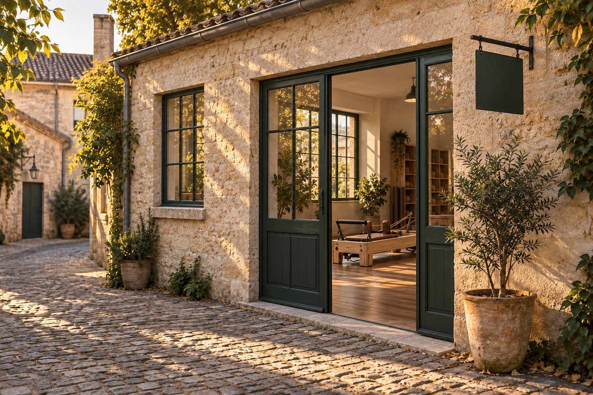 Façade du studio, porte vitrée verte sur la ruelle pavée